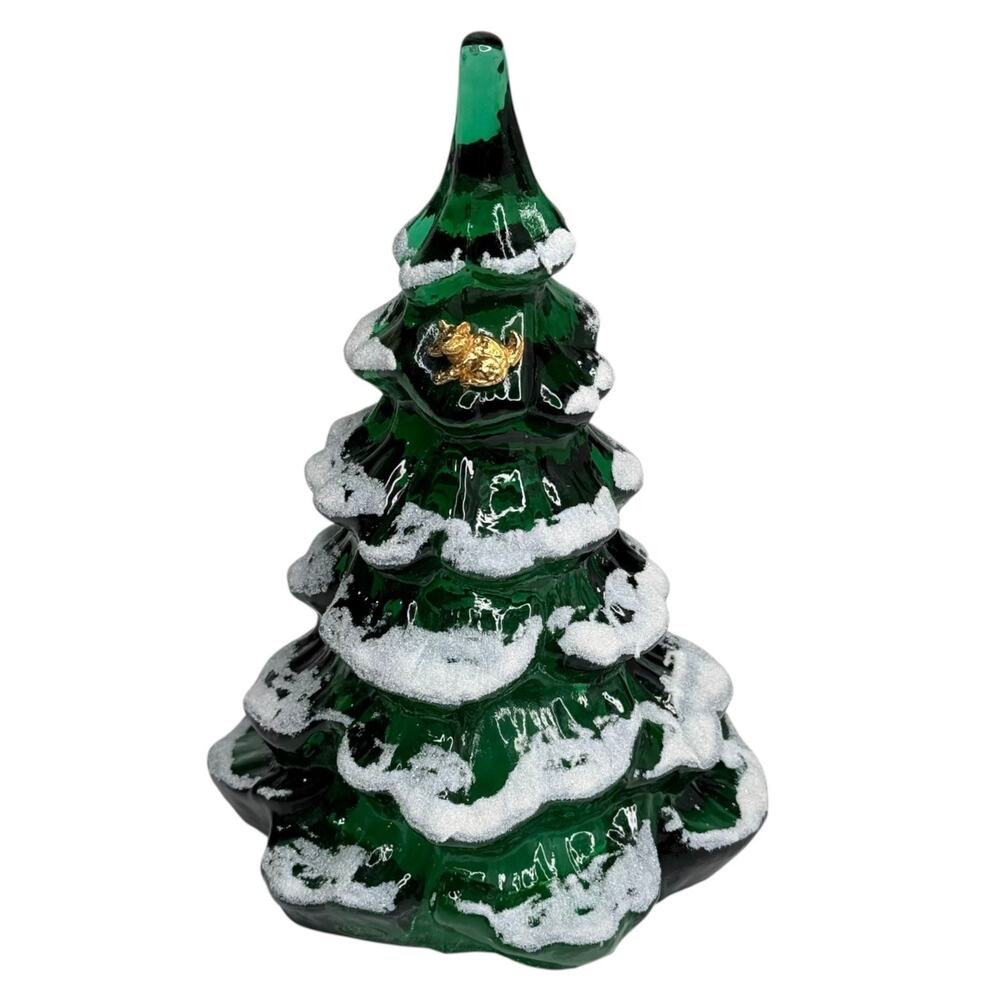 Fenton Glass Christmas Tree Figurine 6.5" Lg Green Snow Frosted Gold Kitty Cat